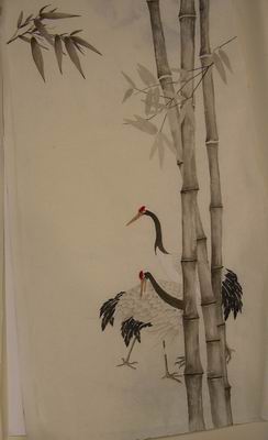 Cranes and bamboo on fine line paper by Midge Prong