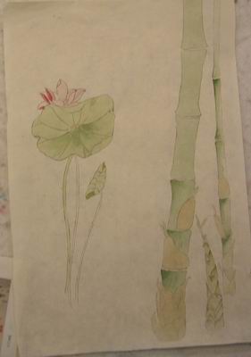 Flower with red petals and bamboo by Midge Prong