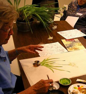 More distant stems painted with a lighter green