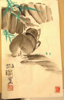 Pig beneath banana tree with seals of artist and pig