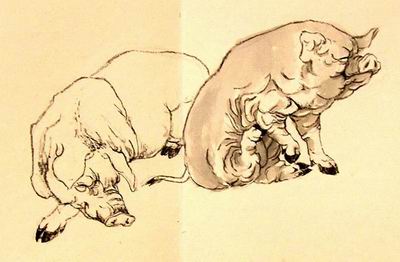 Two pigs with detail dry brush techniques
